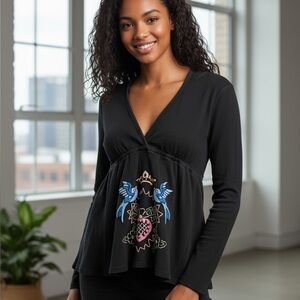 Live With Love Black Hoodie Tunic Top Embroidered Birds Heart Boho Y2K SZ Small